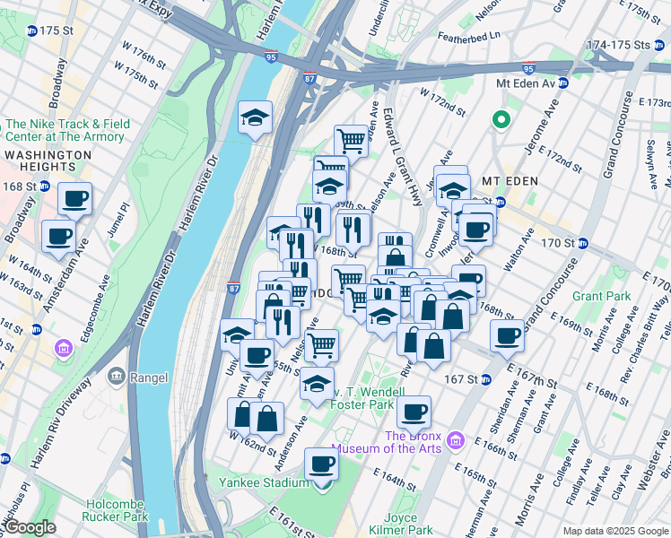 map of restaurants, bars, coffee shops, grocery stores, and more near 1193 Nelson Avenue in The Bronx