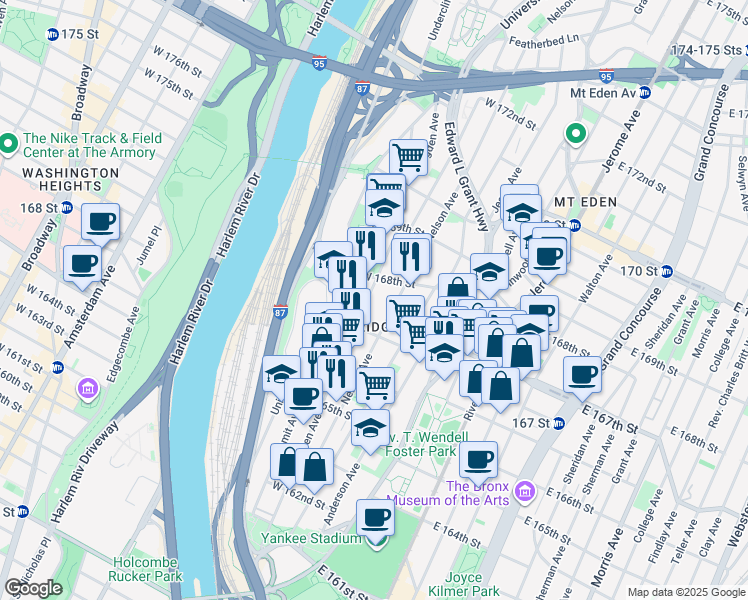map of restaurants, bars, coffee shops, grocery stores, and more near 1193 Nelson Avenue in The Bronx