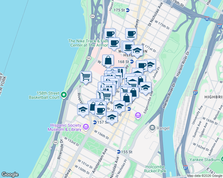 map of restaurants, bars, coffee shops, grocery stores, and more near 3883 1/2 Broadway in New York