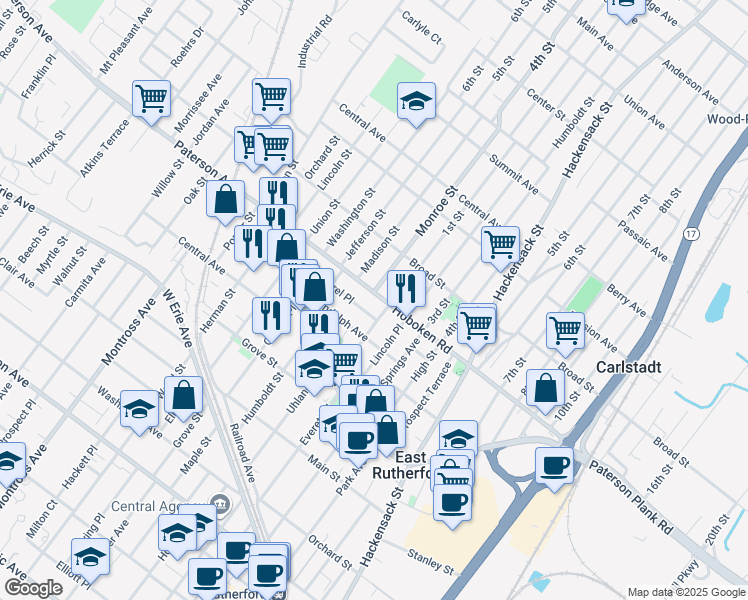 map of restaurants, bars, coffee shops, grocery stores, and more near 251 Laurel Place in East Rutherford