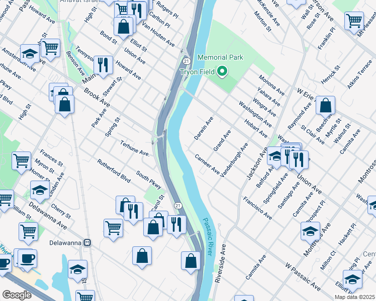 map of restaurants, bars, coffee shops, grocery stores, and more near 103 Carneer Avenue in Rutherford