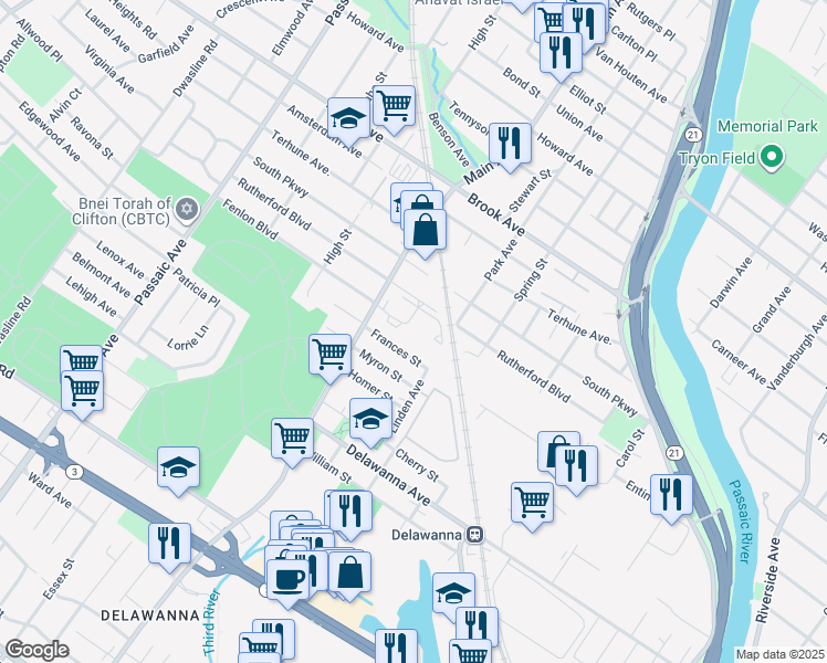 map of restaurants, bars, coffee shops, grocery stores, and more near 36 Frances Street in Clifton