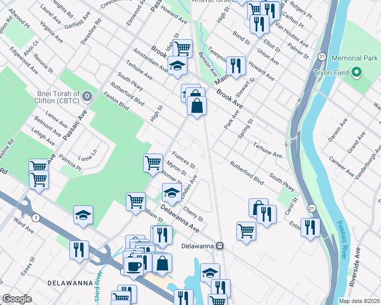 map of restaurants, bars, coffee shops, grocery stores, and more near 36 Frances Street in Clifton