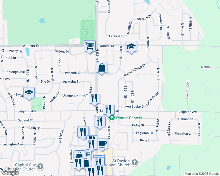 map of restaurants, bars, coffee shops, grocery stores, and more near 2501 North 87th Street in Lincoln
