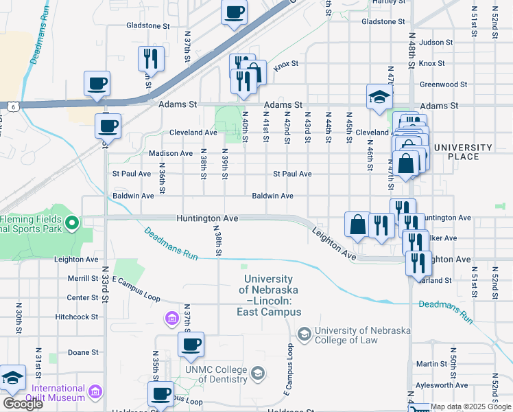 map of restaurants, bars, coffee shops, grocery stores, and more near 4000 Huntington Avenue in Lincoln