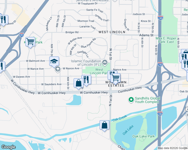 map of restaurants, bars, coffee shops, grocery stores, and more near 201 West Dawes Avenue in Lincoln