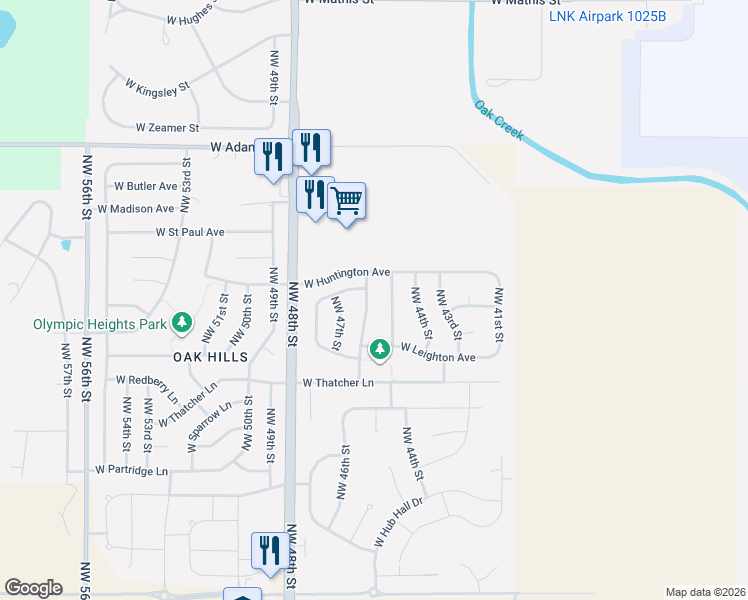 map of restaurants, bars, coffee shops, grocery stores, and more near 2409 Northwest 46th Street in Lincoln