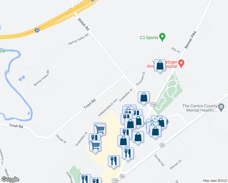 map of restaurants, bars, coffee shops, grocery stores, and more near 135 Lincoln Avenue in State College