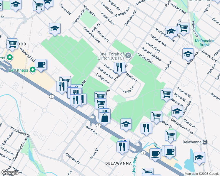 map of restaurants, bars, coffee shops, grocery stores, and more near 721 Passaic Avenue in Clifton