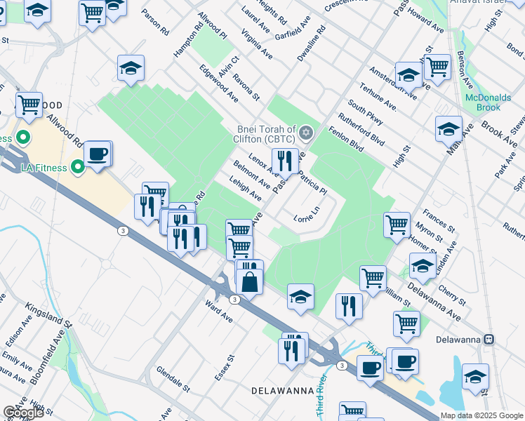 map of restaurants, bars, coffee shops, grocery stores, and more near Passaic Avenue in Clifton