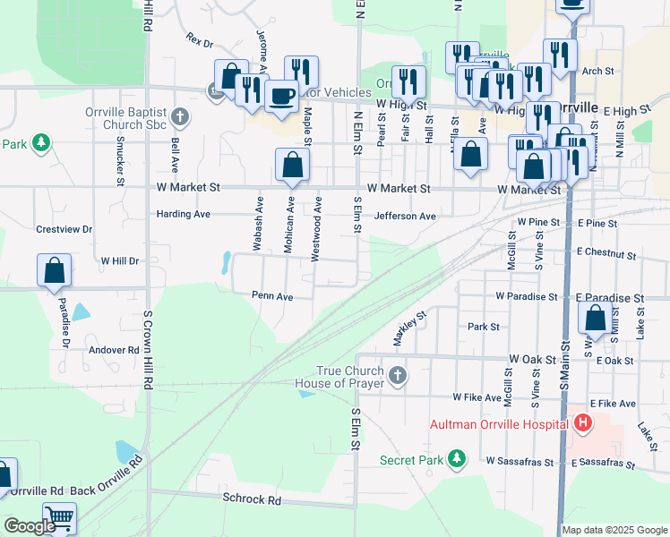 map of restaurants, bars, coffee shops, grocery stores, and more near 932 Terminal St in Orrville