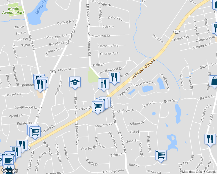 map of restaurants, bars, coffee shops, grocery stores, and more near 221 Mount Pleasant Road in Smithtown