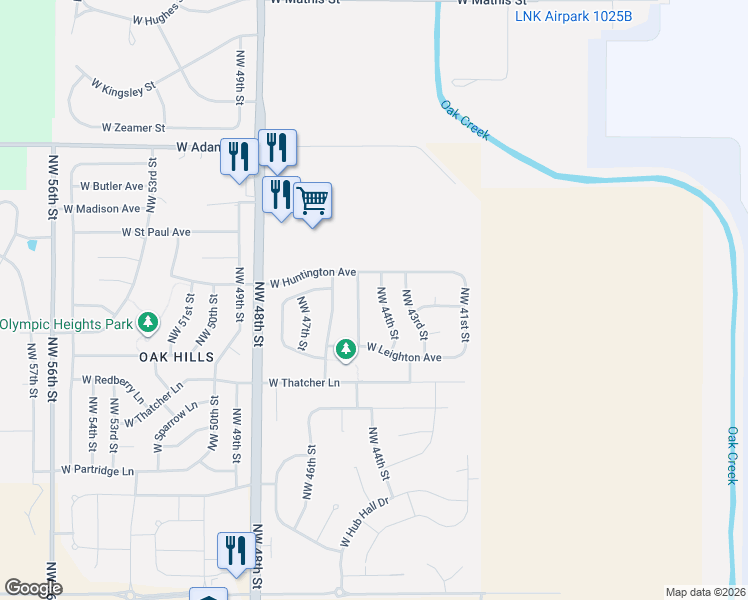 map of restaurants, bars, coffee shops, grocery stores, and more near 2416 Northwest 45th Street in Lincoln
