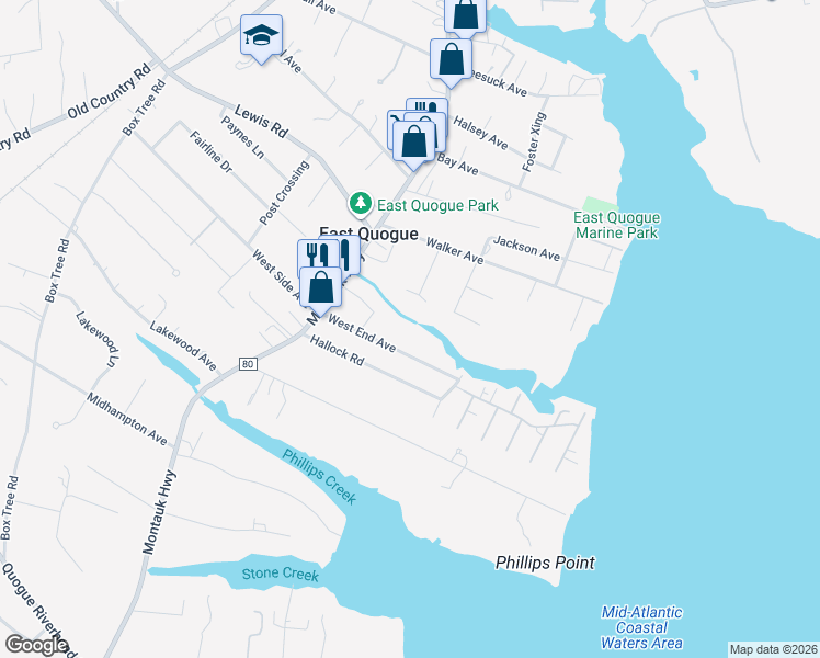 map of restaurants, bars, coffee shops, grocery stores, and more near 19 West End Avenue in East Quogue