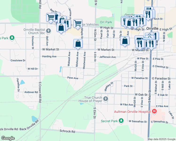 map of restaurants, bars, coffee shops, grocery stores, and more near 932 Terminal Street in Orrville