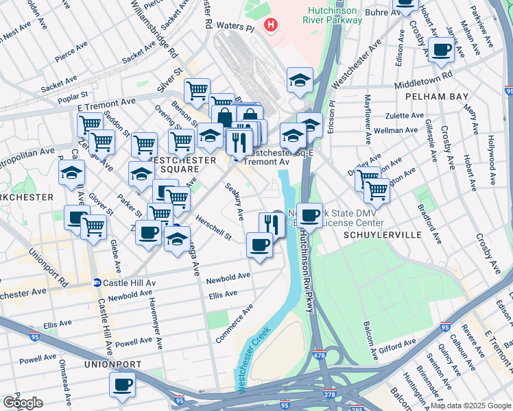 map of restaurants, bars, coffee shops, grocery stores, and more near 2501 Halsey Street in Bronx