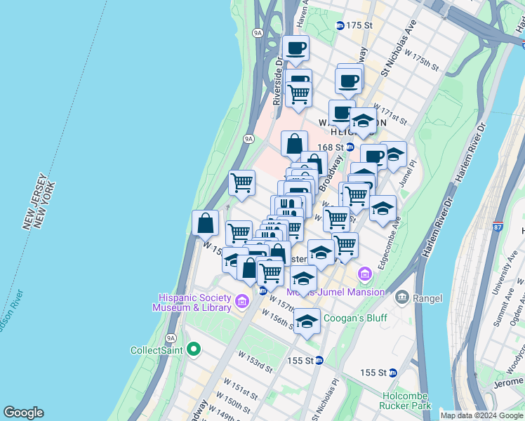 map of restaurants, bars, coffee shops, grocery stores, and more near 656 West 162nd Street in New York