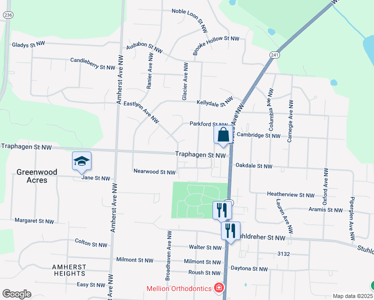 map of restaurants, bars, coffee shops, grocery stores, and more near 8278 Traphagen Street Northwest in Massillon