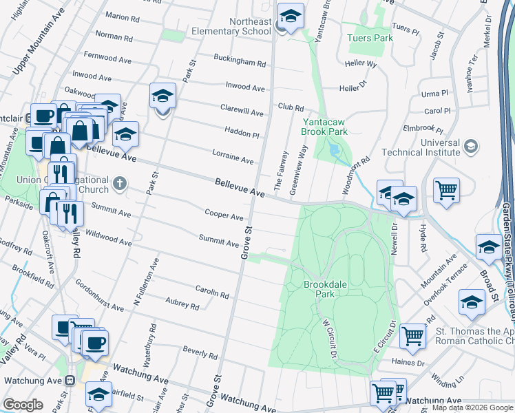 map of restaurants, bars, coffee shops, grocery stores, and more near 470 Grove Street in Montclair