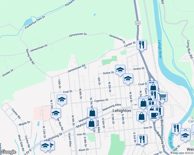 map of restaurants, bars, coffee shops, grocery stores, and more near 360 North 6th Street in Lehighton