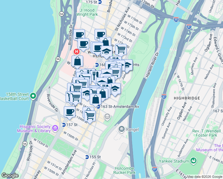 map of restaurants, bars, coffee shops, grocery stores, and more near 481 West 165th Street in New York