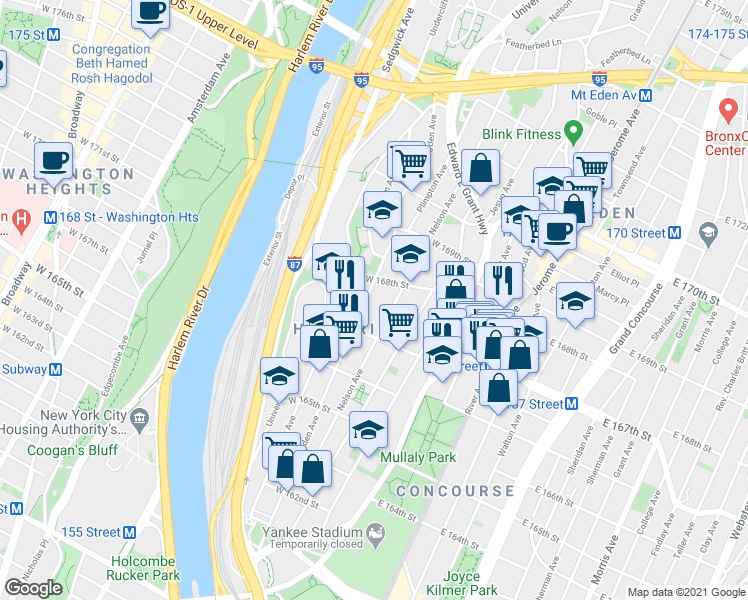 map of restaurants, bars, coffee shops, grocery stores, and more near 1208 Ogden Avenue in Bronx