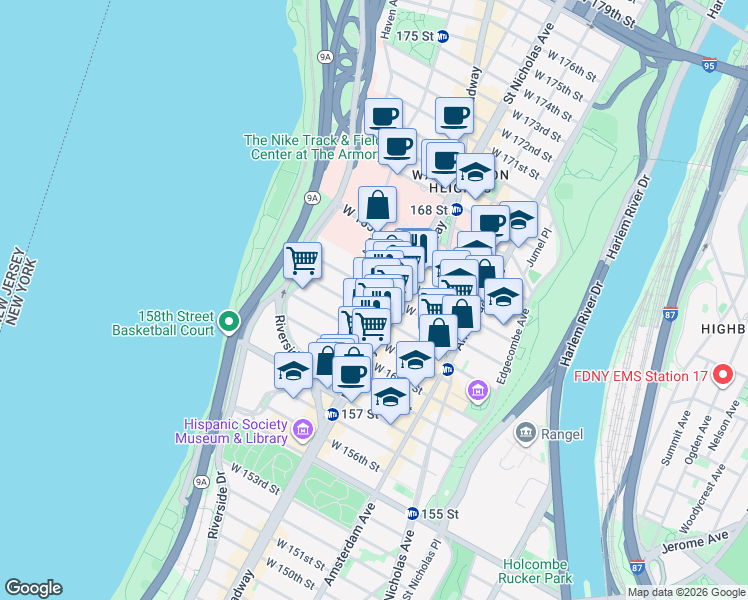 map of restaurants, bars, coffee shops, grocery stores, and more near 3883 1/2 Broadway in New York