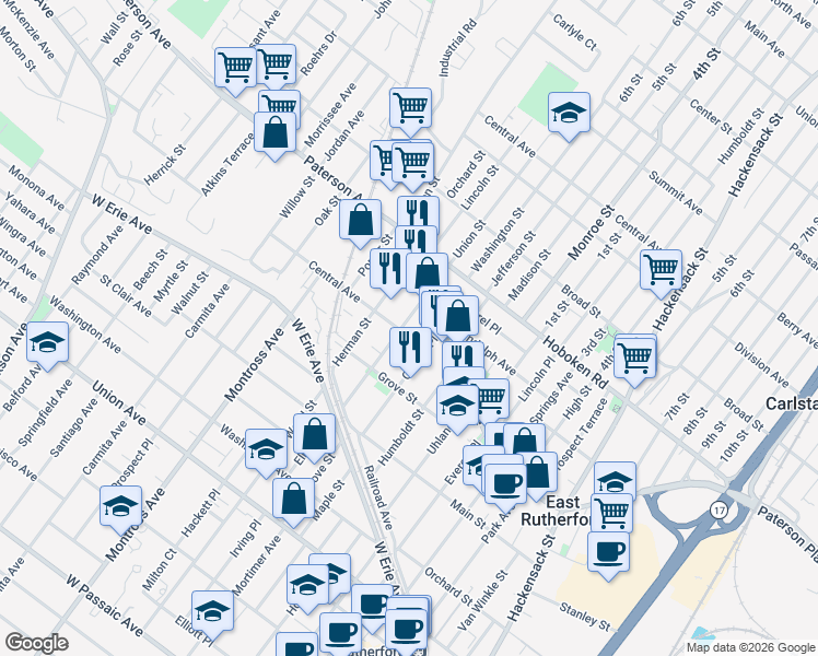 map of restaurants, bars, coffee shops, grocery stores, and more near 74 Mozart Street in East Rutherford