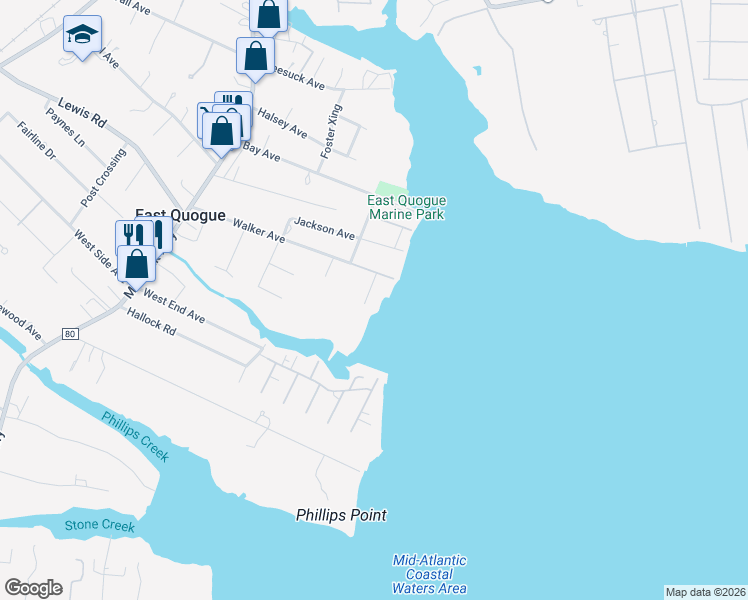 map of restaurants, bars, coffee shops, grocery stores, and more near 46 Walker Avenue in East Quogue