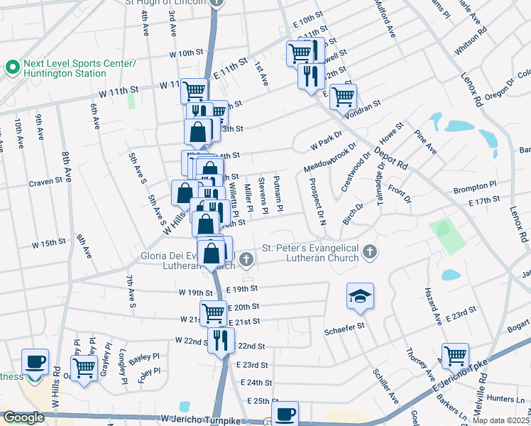 map of restaurants, bars, coffee shops, grocery stores, and more near 44 East 16th Street in Huntington Station