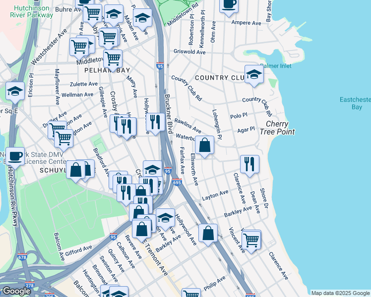 map of restaurants, bars, coffee shops, grocery stores, and more near 1215 Fairfax Avenue in Bronx