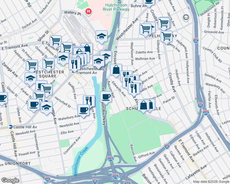 map of restaurants, bars, coffee shops, grocery stores, and more near 1363 Balcom Avenue in Bronx
