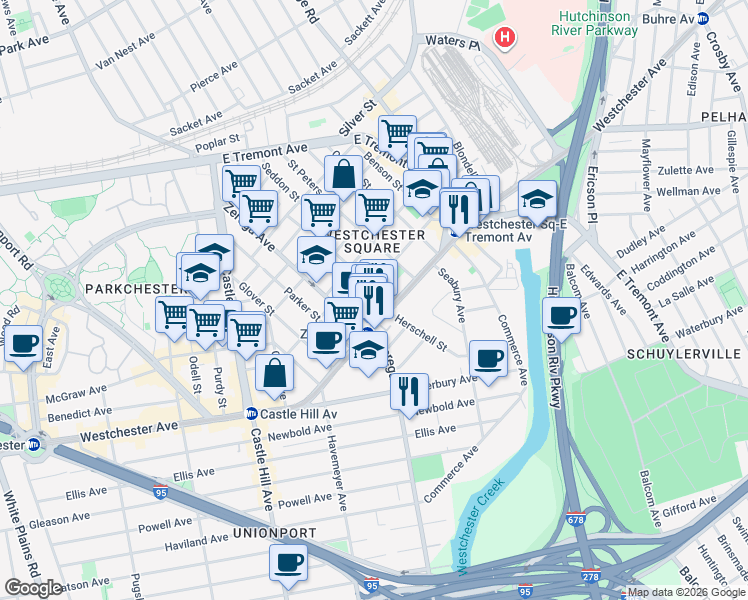 map of restaurants, bars, coffee shops, grocery stores, and more near in The Bronx