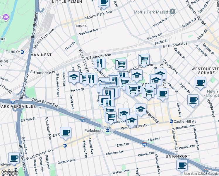 map of restaurants, bars, coffee shops, grocery stores, and more near 60 Metropolitan Oval in Bronx