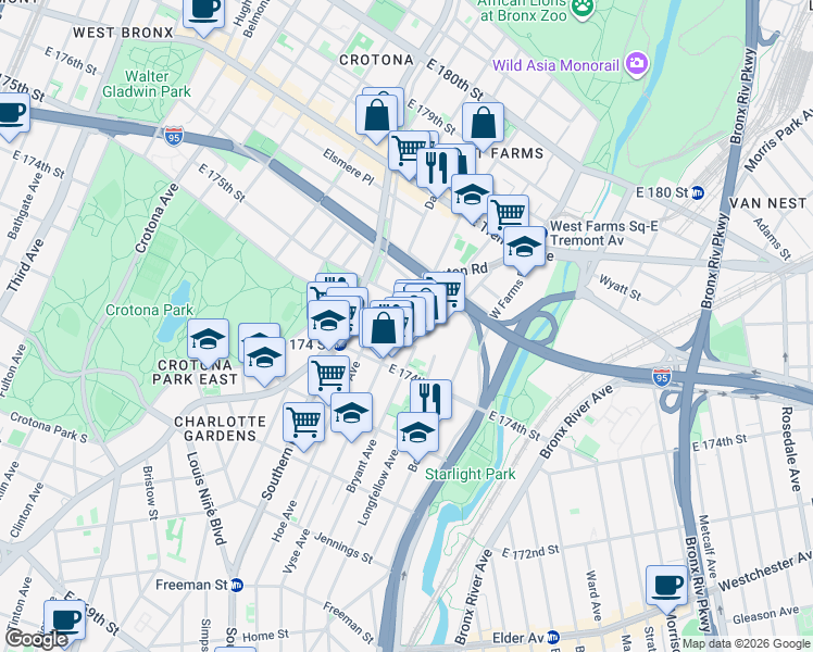 map of restaurants, bars, coffee shops, grocery stores, and more near in The Bronx