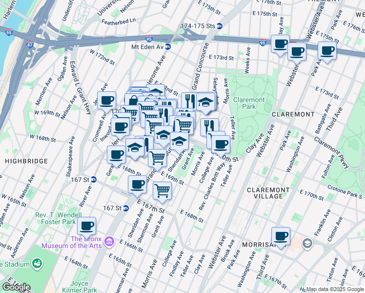 map of restaurants, bars, coffee shops, grocery stores, and more near 1350 Grand Concourse in The Bronx