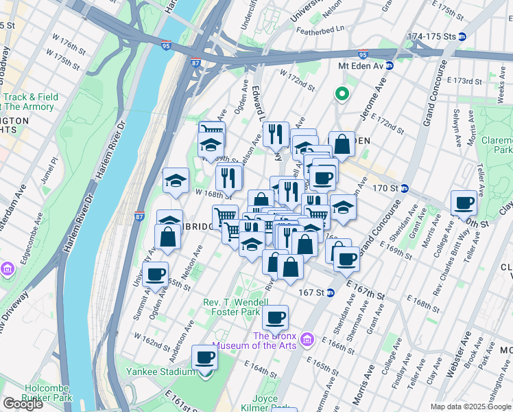 map of restaurants, bars, coffee shops, grocery stores, and more near 1220 Shakespeare Avenue in Bronx