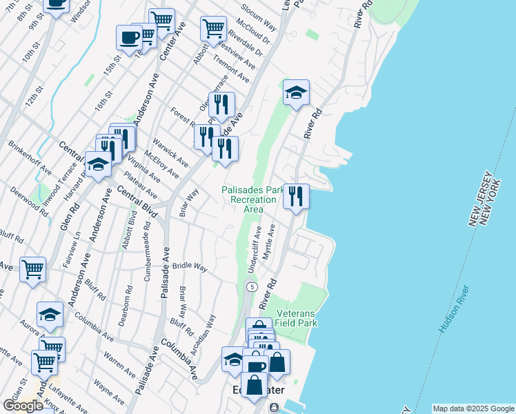 map of restaurants, bars, coffee shops, grocery stores, and more near 650 Undercliff Avenue in Edgewater