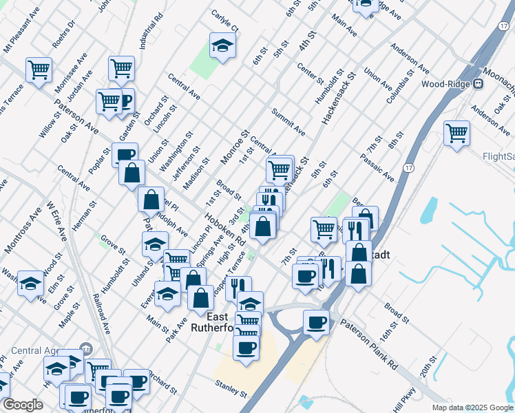 map of restaurants, bars, coffee shops, grocery stores, and more near 426 Broad Street in Carlstadt