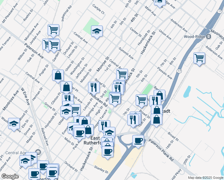 map of restaurants, bars, coffee shops, grocery stores, and more near 426 Broad Street in Carlstadt