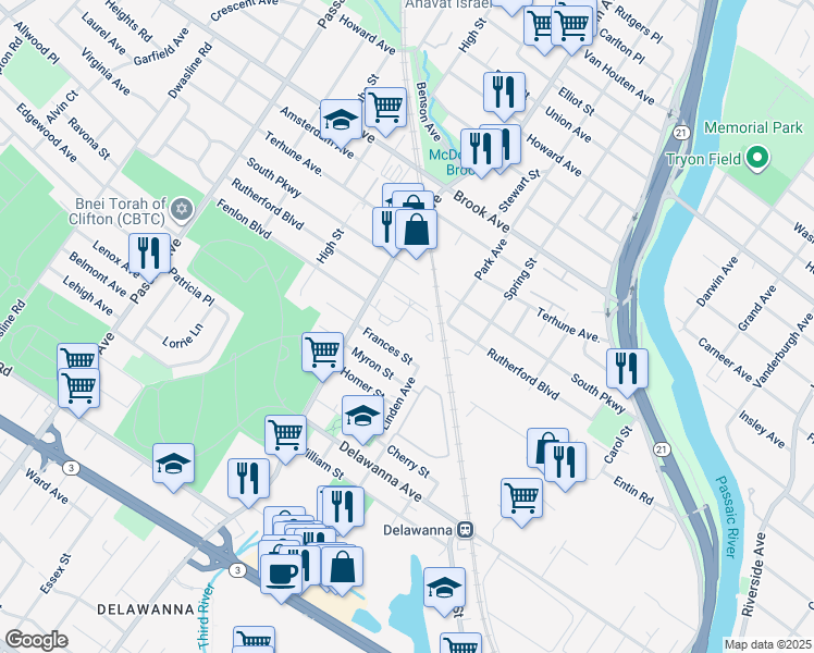 map of restaurants, bars, coffee shops, grocery stores, and more near 36 Frances Street in Clifton