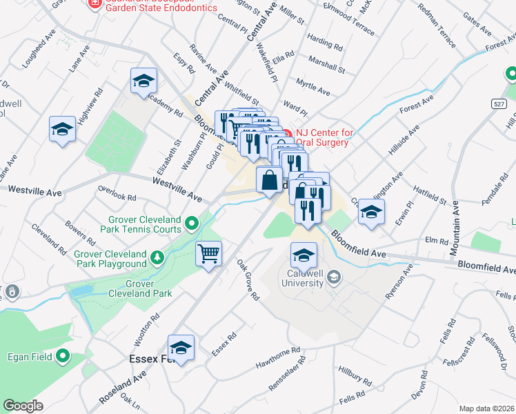 map of restaurants, bars, coffee shops, grocery stores, and more near 63 Roseland Avenue in Caldwell