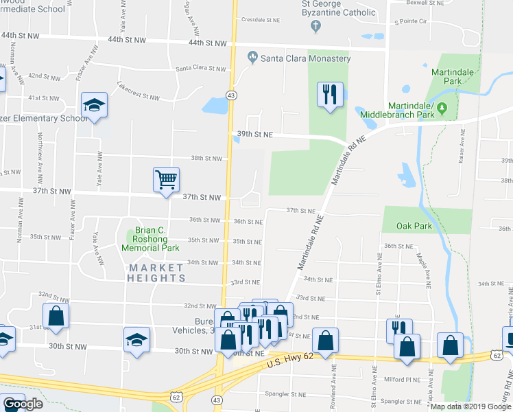 map of restaurants, bars, coffee shops, grocery stores, and more near 135 36th Street Northeast in Canton