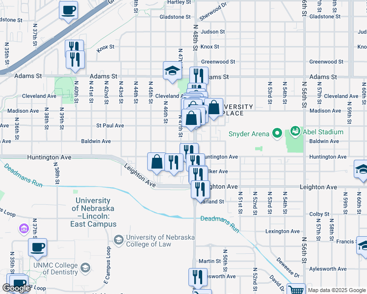 map of restaurants, bars, coffee shops, grocery stores, and more near 4740 Huntington Avenue in Lincoln