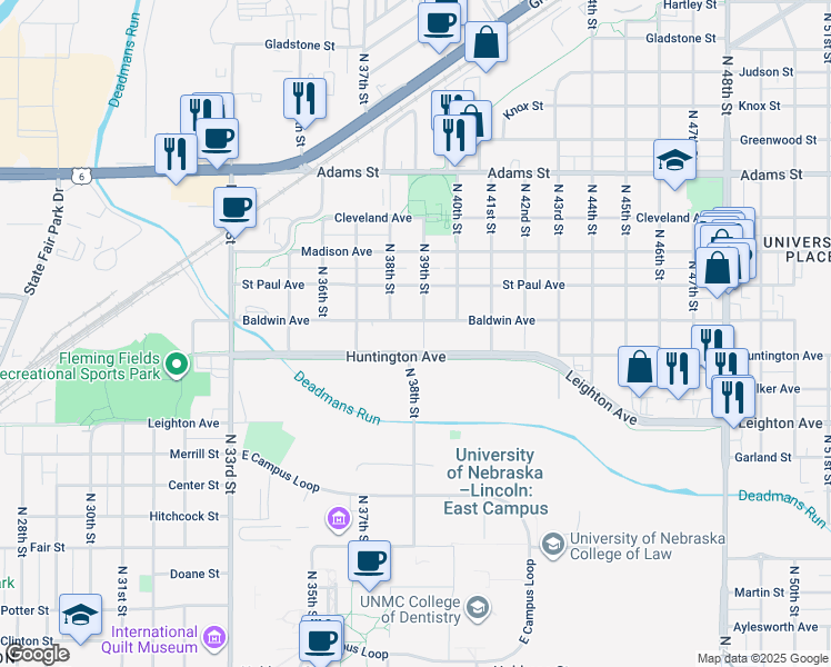 map of restaurants, bars, coffee shops, grocery stores, and more near 3835 Baldwin Avenue in Lincoln