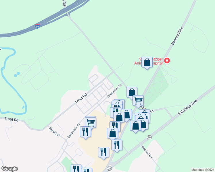 map of restaurants, bars, coffee shops, grocery stores, and more near 130 Lincoln Avenue in State College