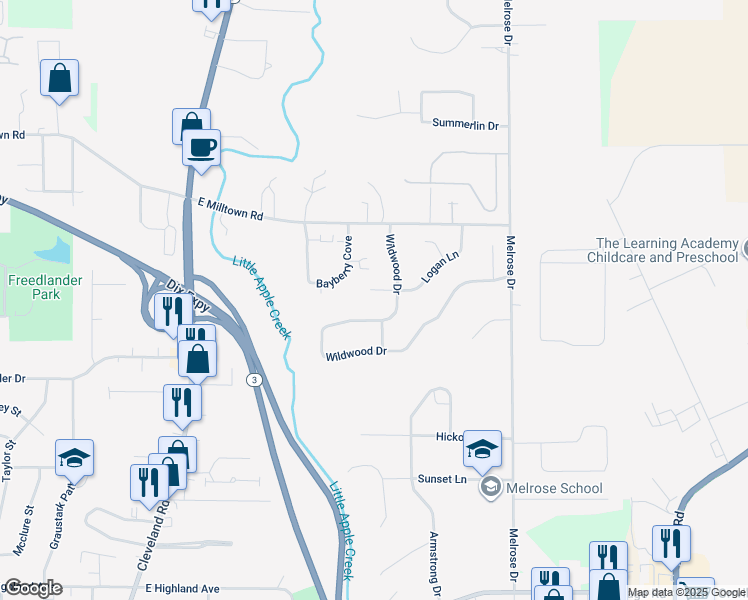 map of restaurants, bars, coffee shops, grocery stores, and more near 833 Wildwood Drive in Wooster