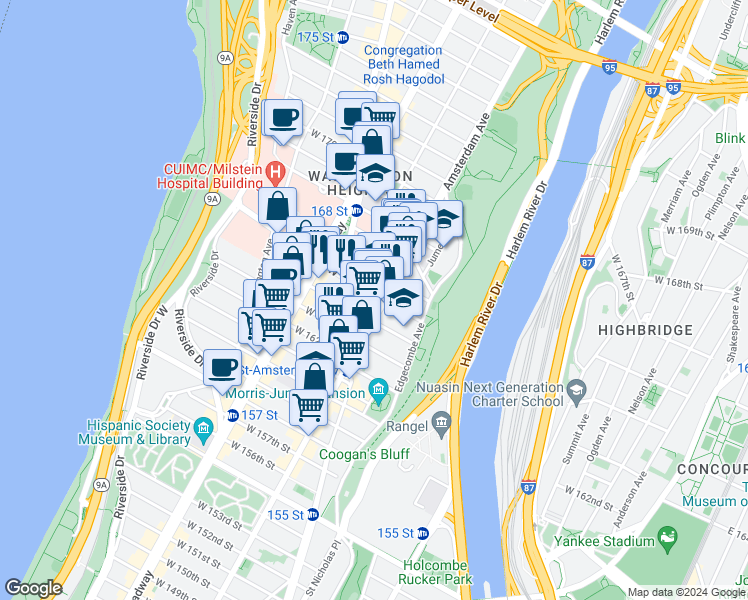 map of restaurants, bars, coffee shops, grocery stores, and more near 500 West 165th Street in New York