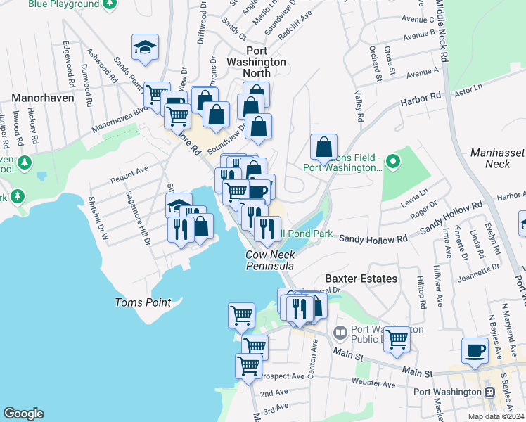 map of restaurants, bars, coffee shops, grocery stores, and more near 65 Shore Road in Port Washington