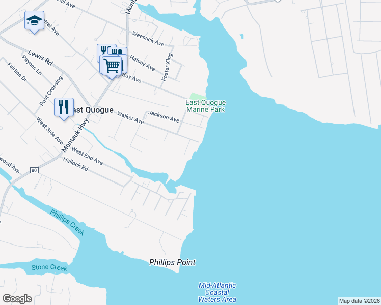 map of restaurants, bars, coffee shops, grocery stores, and more near 46 Walker Avenue in East Quogue